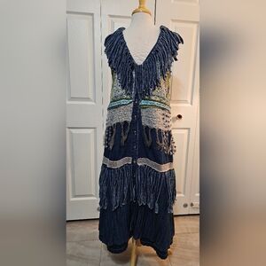 Long Bohemian Blue and Gray Fringe Dress/vest Custom Large